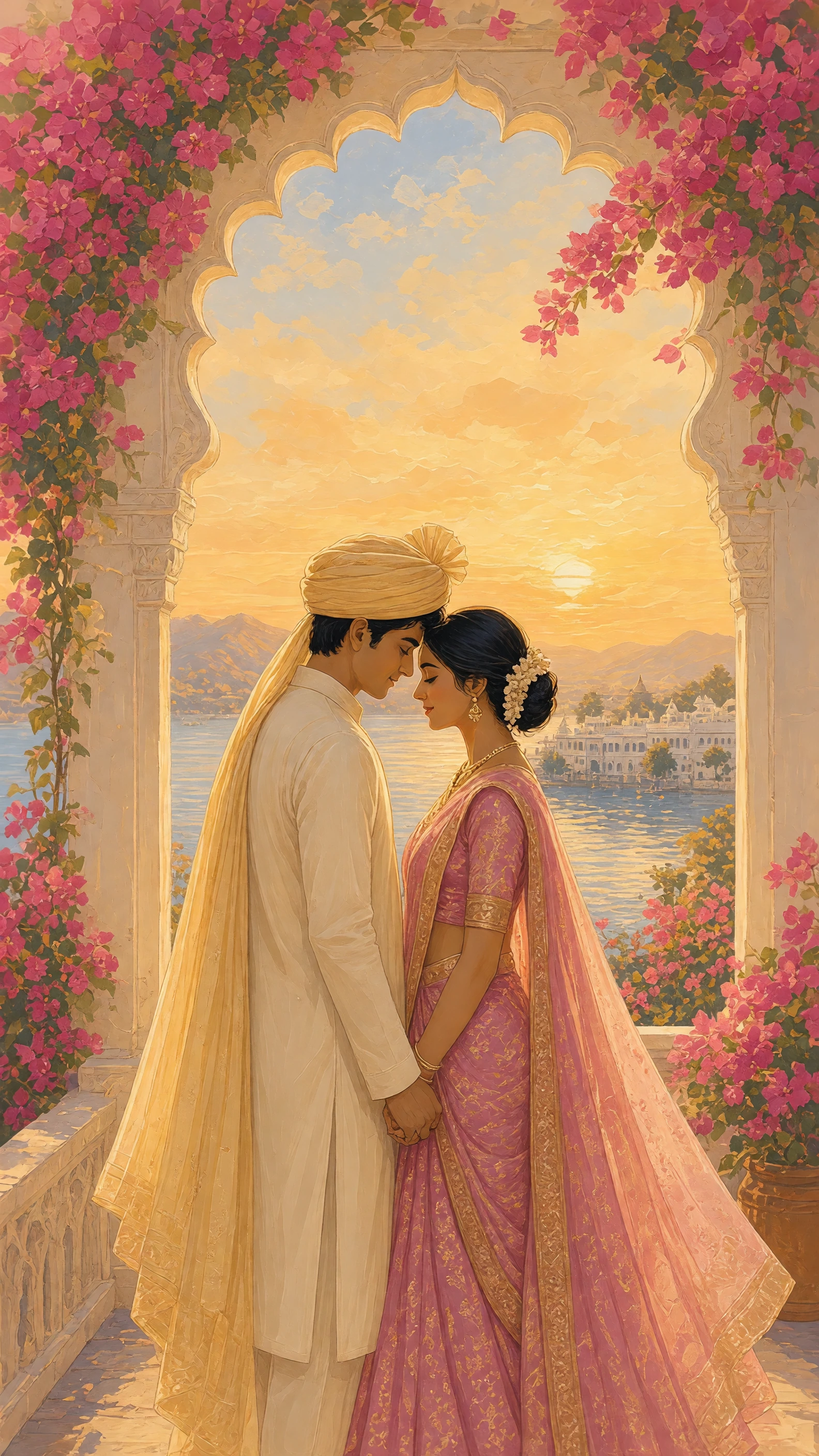 The couple under a carved arch at sunset